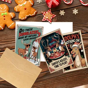 Cartes de Noël rétro avec illustrations de rennes sur fond de bois festif