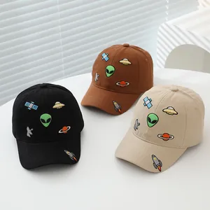 Set of 3 cartoon alien spaceship embroidered kids baseball caps in black, brown and beige