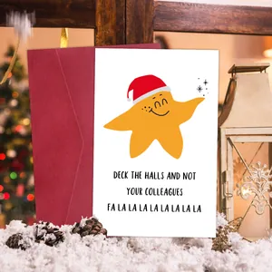 Funny Christmas card with cartoon star and red envelope in a cozy festive setting