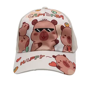 Close-up of beige kids baseball cap featuring cute cartoon capybara prints and text