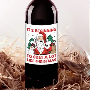 Waterproof Christmas wine bottle labels with festive Santa Claus and snowman illustrations