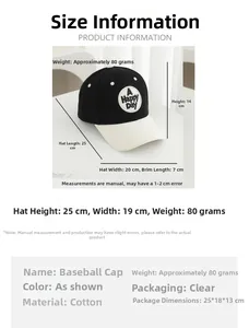 Size chart showing dimensions, 80g weight, and cotton material for the kids baseball cap