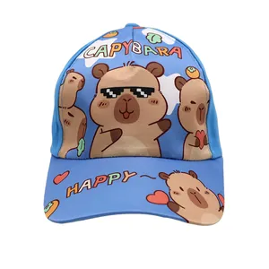 Detail view of the blue kids baseball cap with cute cartoon Capybara prints and lettering