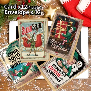 Vue détaillée de 12 cartes de Noël festives avec enveloppes et illustrations de fête