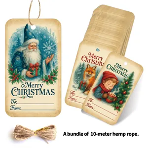 Detailed view of 50 vintage Christmas gift tags with hemp rope for holiday packaging