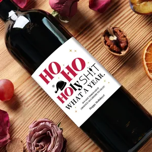 Funny Christmas wine bottle stickers with HO HO HOLY SHIT text and holiday illustrations