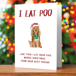 Funny Christmas card with watercolor dog wearing a Santa hat on a rustic wooden table