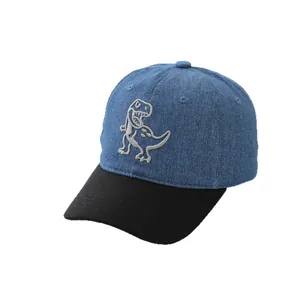 Two-tone denim baseball cap for kids with grey embroidered Tyrannosaurus dinosaur