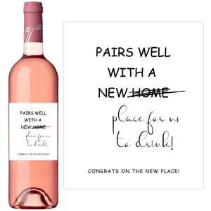 Detailed view of self-adhesive funny wine bottle labels for new home celebration gifts