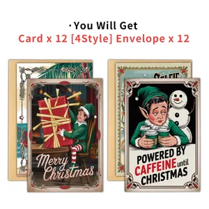 Vue à plat de 12 cartes de Noël avec 4 motifs rétro et enveloppes en kraft
