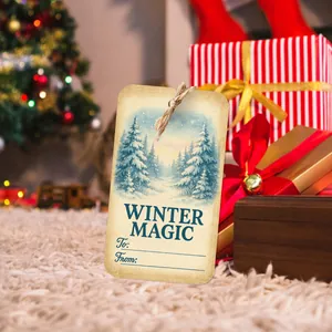 Detail of kraft paper Christmas gift tags with winter magic forest illustration and twine