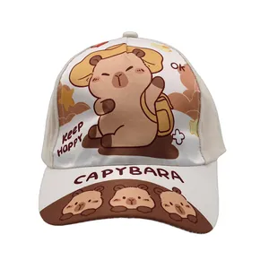 Kinder Baseballkappe in Beige und Weiß mit Capybara-Cartoon und Keep Happy Print