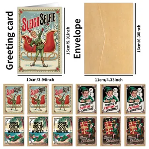 Dimensions détaillées des cartes de Noël avec illustrations de lutins vintage et enveloppes