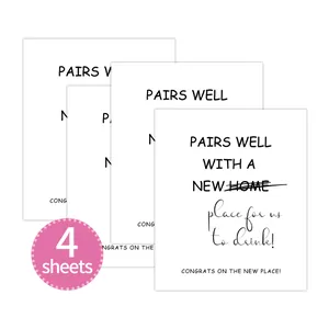 Detailed view of 4 self-adhesive wine labels with housewarming wishes for a new home