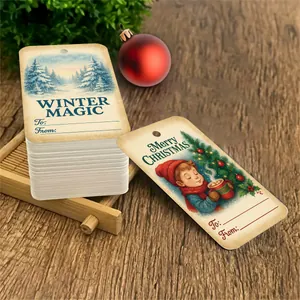 Detail of Christmas gift tags featuring winter forest design and festive handwriting fields