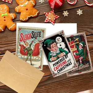 Lot de cartes de Noël rétro avec illustrations de lutins vintage et vœux festifs sur bois