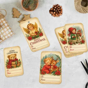 Retro Christmas gift tags set with vintage illustrations and rustic jute twine strings