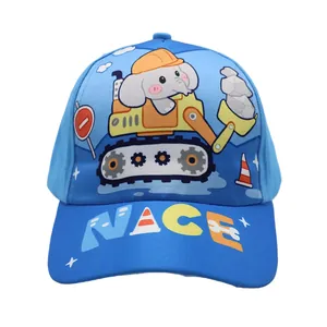 Detail of blue kids baseball cap featuring cartoon elephant driving an excavator