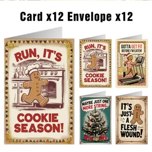 Détail de 12 cartes de Noël bonhomme de pain d'épices avec enveloppes et cinq motifs variés