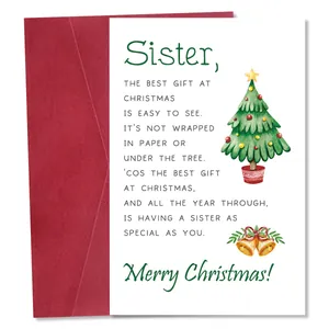 Funny Christmas greeting card with watercolor tree design and dark red envelope set