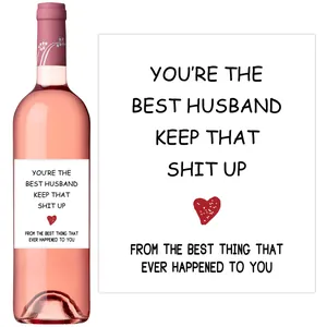 Detail of funny wine label stickers with humorous quotes for romantic couple gifts