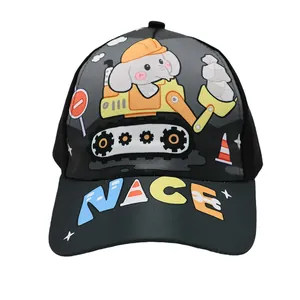 Kids baseball cap with cartoon excavator and elephant print on front, black and grey design