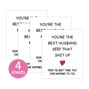 Set of four self-adhesive wine labels with humorous text and a red heart icon