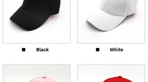 Detailansicht von Baumwoll-Baseballkappen in den Farben Schwarz, Weiß, Rosa und Rot