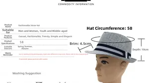 Maattabel voor strooien fedora hoed met 58cm omtrek en gestreepte decoratieve band