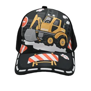 Detail of kids baseball cap featuring a yellow excavator print and white stitched brim
