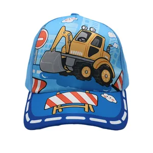 Close-up of kids baseball cap featuring blue digital prints and cartoon excavator graphics