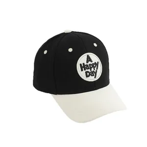 Kids baseball cap with A Happy Day letter embroidery and black white contrast design