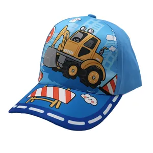 Detailed view of sky blue baseball cap featuring vibrant cartoon excavator and crane prints