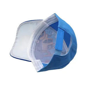 Detailed inner view of blue kids baseball cap with excavator lining and velcro strap