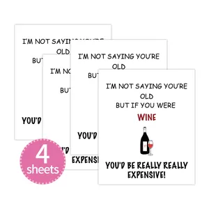 Set of 4 funny self-adhesive wine bottle labels featuring creative quotes and wine art