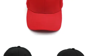 Close-up of red and black cotton baseball caps showing 6-panel stitching and top eyelets
