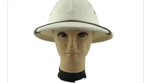 Detailed view of white safari pith hat with brown leather strap and side air vents