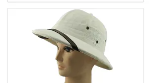 Detail of white mesh pith helmet with brown leather band and metal ventilation eyelets