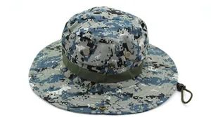 Detail of digital camo boonie hat with metal eyelets and adjustable chin strap