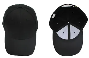 Close-up of black 100% cotton baseball cap showing 6-panel structure and inner details