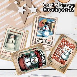 Lot de 12 cartes de Noël avec enveloppes illustrées de 4 motifs de bonshommes de neige