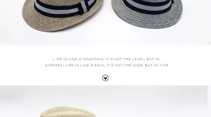 Detailed texture of woven straw fedora hats in khaki and grey-blue with striped ribbon bands