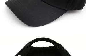Detail view of cotton baseball cap with adjustable metal buckle and parallel stitching