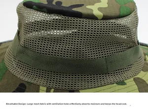 Détail du filet en nylon respirant et du motif camouflage sur le chapeau de soleil