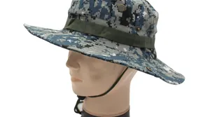 Detail of blue digital camo boonie hat featuring metal eyelets and adjustable chin strap