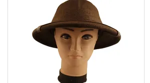 Detail of dark brown woven sun hat featuring breathable metal vents and black trim