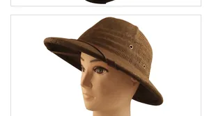 Detail of a brown woven pith helmet with wide brim and metal eyelets on a mannequin