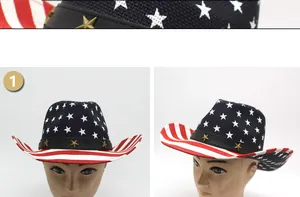 Dettaglio di un cappello da cowboy con bandiera americana, stelle, strisce e borchie d'oro