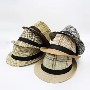 Cappello da Sole Fedora in Paglia a Quadri Unisex Traspirante in Paglia di Carta con Fascia Nera per Uomo Donna Estate