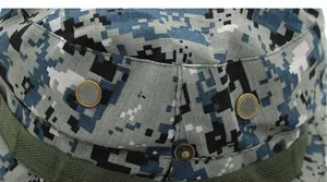 Detail of digital camouflage fishing hat with metal ventilation eyelets and durable fabric